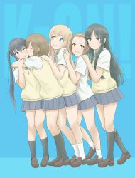 5girls akiyama_mio artist_request black_hair black_socks blonde_hair blue_background blue_eyes blue_skirt blush brown_eyes brown_hair bushy_eyebrows closed_eyes dot_nose female_focus forehead full_body hair_between_eyes headband hirasawa_yui hug k-on! kiss kissing_cheek knees kotobuki_tsumugi legs long_hair looking_at_viewer multiple_girls nakano_azusa one_eye_closed open_mouth school_uniform shirt shoes short_hair short_sleeves simple_background skirt socks source_request standing sweater_vest tainaka_ritsu teeth thick_eyebrows twintails white_shirt white_socks yellow_headband yuri