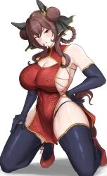 1girl alternate_costume armpits bare_shoulders black_gloves black_thighhighs braid braided_hair_rings breasts china_dress chinese_clothes cleavage commentary_request double_bun dress ear_covers gentildonna_(umamusume) gloves hair_bun hair_rings hand_on_own_hip highres kneeling large_breasts long_hair miya_nns35 open_mouth red_eyes red_shoes shoes simple_background solo thighhighs umamusume white_background