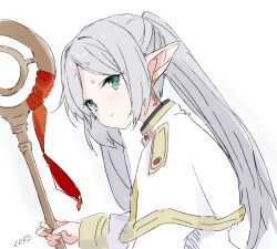 Rule 34 | 1girl, artist name, capelet, closed mouth, core (mayomayo), earrings, frieren, green eyes, grey hair, highres, holding, holding staff, jewelry, long hair, mage staff, pointy ears, simple background, solo, sousou no frieren, staff, twintails, white background, white capelet