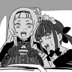 Rule 34 | car, car interior, chainsaw man, driving, fujimoto tatsuki (style), highres, hololive, honmirin, horrified, meme, minato aqua, minato aqua (1st costume), monochrome, motor vehicle, murasaki shion, murasaki shion (1st costume), nervous sweating, open mouth, power crashes kobeni&#039;s car (meme), scared, scene reference, season connection, steering wheel, sweat, virtual youtuber, wide-eyed