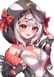 Rule 34 | 1girl, absurdres, animal hood, black collar, black gloves, black hair, black jacket, blush, breasts, camisole, cleavage, collar, commentary, fingerless gloves, gloves, grey hair, hair ornament, highres, hololive, hood, jacket, kumoru (kumoru 145), large breasts, medium hair, multicolored hair, nail polish, open mouth, orca hood, red eyes, red nails, sakamata chloe, sakamata chloe (1st costume), smile, solo, streaked hair, virtual youtuber, white camisole, x hair ornament