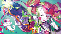 1girl asymmetrical_footwear chameleon choker confetti drill_hair gun happy holding holding_gun holding_weapon looking_at_viewer multicolored_hair nail_polish one_eye_closed original pink_eyes puppeteer7777 red_eyes red_hair smile solo spiked_choker spikes twin_drills two-tone_hair weapon
