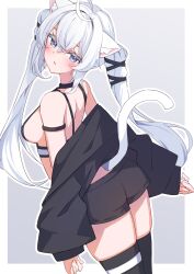1girl :o ahoge animal_ear_fluff animal_ears arm_strap armpit_crease ass back bare_shoulders black_choker black_jacket black_ribbon black_shorts black_thighhighs blue_eyes blush border breasts cat_ears cat_girl cat_tail choker clothes_down cowboy_shot crop_top crossed_bangs from_behind grey_background hair_between_eyes hair_ribbon head_tilt highres jacket long_hair long_sleeves looking_at_viewer looking_back medium_breasts off_shoulder open_clothes open_jacket outline outside_border parted_lips puffy_sleeves ribbon shirt short_shorts shorts sideboob sidelocks simple_background sio_(vrchat) six_box skindentation sleeveless sleeves_past_wrists solo standing tail thighhighs thighs twintails two-tone_background very_long_hair vrchat white_border white_hair white_outline
