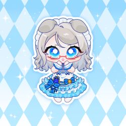 1girl animal_ears apron blue_eyes brown_hair chibi dog_ears dress glasses grey_hair love_live! love_live!_sunshine!! maid maid_apron maid_headdress skirt solo watanabe_you