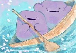 Rule 34 | boat, closed eyes, closed mouth, commentary, dateko (da0316teko), ditto, gen 1 pokemon, highres, holding, holding oar, nintendo, no humans, oar, petals, pokemon, pokemon (creature), rowboat, solid circle eyes, symbol-only commentary, water, watercraft