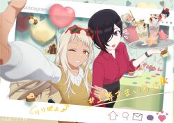 Rule 34 | 2girls, 3d, arm up, black hair, black pants, blonde hair, box, breasts, brown sweater vest, chibi, chocolate, collared shirt, cookie, copyright name, food, gift, gift box, glasses, hair over one eye, heart, heart-shaped box, highres, holding, holding tray, large breasts, lilia saijo, long hair, long sleeves, looking at viewer, multicolored hair, multiple girls, nanyou subaru, official art, open mouth, pants, party, pole princess!!, purple eyes, red hair, red shirt, shirt, short hair, sleeves rolled up, smile, standing, streaked hair, sweater vest, tan, tray, two-tone hair, white day, white shirt, yellow eyes