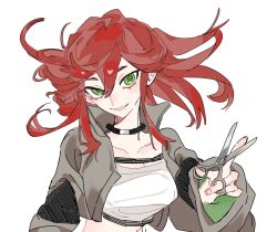 1girl black_choker choker crop_top gachiakuta green_eyes grey_jacket highres holding holding_scissors jacket long_sleeves looking_at_viewer medium_hair red_hair riyo_reaper scissors sidelocks simple_background smile solo tobiuo_rd
