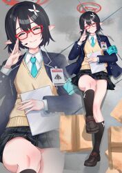 1girl absurdres armband ayane_(blue_archive) black_shoes black_skirt black_socks blue_archive blue_armband blue_jacket blush closed_mouth flower glasses hair_flower hair_ornament highres holding holding_tablet_pc id_card jacket kc_ncp looking_at_viewer lying microphone on_back on_floor one_eye_closed plaid_clothes plaid_skirt pointy_ears red-framed_eyewear shirt shoes short_hair sidelocks skirt smile socks solo sweater_vest tablet_pc white_flower white_shirt yellow_sweater_vest