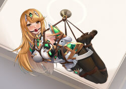 Rule 34 | 1girl, 463 jun, absurdres, ball gag, bdsm, black pantyhose, blonde hair, blush, bondage, bound, breasts, dress, elbow gloves, frown, gag, gloves, highres, large breasts, long hair, looking at viewer, mythra (xenoblade), no shoes, pantyhose, restrained, shibari, solo, suspension, white dress, white gloves, wiffle gag, xenoblade chronicles (series), xenoblade chronicles 2, yellow eyes