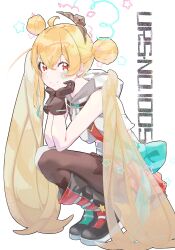 Rule 34 | 1girl, absurdres, ahoge, asymmetrical footwear, asymmetrical legwear, black boots, black gloves, blonde hair, boots, character name, crop top, crown, detached hair, detached hood, double bun, facial mark, from side, gloves, green boots, green ribbon, hair between eyes, hair bun, hands on own cheeks, hands on own face, highres, long hair, looking at viewer, mini crown, multicolored boots, oa (or 12o), red boots, red eyes, red skirt, reject (esports), ribbon, skirt, smile, squatting, star-shaped pupils, star (symbol), suspenders, symbol-shaped pupils, thighhighs, tooko (vtuber), twintails, very long hair, virtual youtuber, white background, white thighhighs