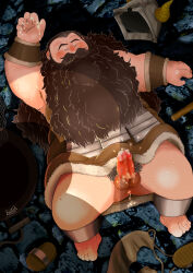 1boy after_anal after_masturbation aftersex anus bara beard blush brown_hair censored dungeon_meshi dwarf erection facial_hair fake_horns from_above helmet highres horned_helmet horns implied_yaoi long_beard lying male_focus mosaic_censoring mustache norataro on_back penis senshi_(dungeon_meshi) sleeping solo spread_legs sweat thick_mustache thighs unworn_headwear unworn_helmet very_long_beard wok