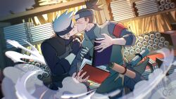 2boys absurdres armband black_gloves black_shirt blush book brown_hair closed_eyes fingerless_gloves gloves green_vest grey_hair hatake_kakashi headband highres holding holding_another&#039;s_arm holding_book kiss male_focus multiple_boys naruto_(series) ninjutsu ponytail red_armband scar scar_on_face scar_on_nose scroll shirt spiked_hair sweatdrop t04_skyhigh umino_iruka vest wide-eyed yaoi