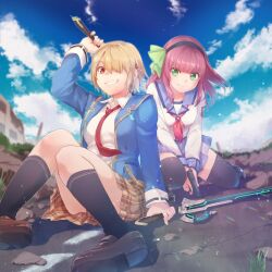 Rule 34 | 2girls, angel beats!, black footwear, black hairband, black ribbon, black socks, blonde hair, blue jacket, blue sailor collar, blue skirt, blue sky, blunt bangs, bow, breasts, brown footwear, brown skirt, closed mouth, cloud, commentary request, company connection, convenient leg, crossover, day, eyebrows hidden by hair, floating hair, foreshortening, green bow, green eyes, green ribbon, grin, gun, hair bow, hair over one eye, hairband, handgun, heaven burns red, holding, holding gun, holding sword, holding weapon, jacket, kayamori ruka, key (company), knees together feet apart, light blush, light particles, loafers, long sleeves, looking at viewer, medium breasts, miniskirt, misaki juri, multiple girls, nakamura yuri, neckerchief, necktie, on ground, one eye covered, open clothes, open jacket, outdoors, own hands together, pink neckerchief, plaid clothes, plaid skirt, pleated skirt, purple hair, red eyes, red necktie, ribbon, sailor collar, shinda sekai sensen uniform, shirt, shoes, short hair, sitting, skirt, sky, smile, socks, spiked hair, sword, thighhighs, weapon, white shirt, zettai ryouiki