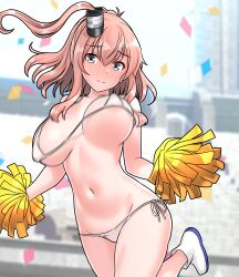 Rule 34 | 1girl, absurdres, bikini, black eyes, bouncing breasts, breasts, cheerleader, confetti, furaggu (frag 0416), highres, kantai collection, large breasts, long hair, micro bikini, navel, one side up, outdoors, pink hair, saratoga (kancolle), shoes, side-tie bikini bottom, solo, standing, standing on one leg, stomach, swimsuit, thighs, variant set, white bikini, white shoes