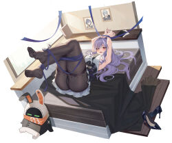 1girl 1other absurdres armpits arms_up ass bakoko bangboo_(zenless_zone_zero) bdsm bed_sheet belle_(zenless_zone_zero) black_pantyhose black_shoes black_skirt blue_ribbon blush bondage bound bound_ankles bound_legs bound_wrists breasts center_frills commentary dress eous_(zenless_zone_zero) feet frills hair_spread_out high_heels highres large_breasts long_hair looking_at_viewer lying mole mole_under_eye multicolored_hair no_shoes nose_blush on_back on_bed open_mouth overskirt pantyhose patterned_legwear purple_hair purple_ribbon red_eyes ribbon ribbon_bondage shoes sideless_outfit simple_background skirt soles solo streaked_hair toes unworn_shoes vivian_banshee white_background white_dress white_hair wise_(zenless_zone_zero) zenless_zone_zero