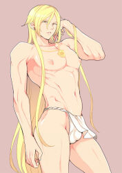 1boy alternate_costume blonde_hair bulge collarbone commentary_request cowboy_shot dragon_quest dragon_quest_xi earrings fundoshi hair_between_eyes hair_down hand_in_own_hair homeros_(dq11) japanese_clothes jewelry long_hair looking_at_viewer male_focus navel nipples nodosabu parted_lips pendant pink_background solo stud_earrings toned toned_male topless_male very_long_hair yellow_eyes