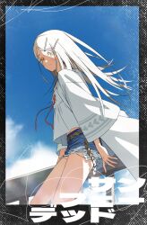 1girl absurdres blue_sky coat denim denim_shorts gakuen_idolmaster grey_hair highres idolmaster long_hair looking_at_viewer orange_eyes railing rh_parasol shinosawa_hiro shorts sky smile solo sunfaded_(idolmaster) sunlight