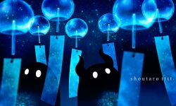artist_name blank_eyes blue_theme blurry blurry_foreground character_name dark english_text glowing highres horns hoshikui light_particles multiple_others night night_sky no_humans original shoutarou_(shoutarotttt) silhouette sky star_(sky) white_eyes wind_chime