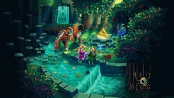 1boy 1girl animal artist_name blinking blonde_hair blue_eyes closed_eyes deku_shield dress english_text epona fairy green_tunic heads-up_display heart highres holding holding_instrument horse instrument itzah leaf light_rays lily_pad link log long_hair music navi nintendo ocarina outdoors partially_submerged pixel_art planted planted_sword planted_weapon playing_instrument pointy_ears princess_zelda purple_dress saddle shield sitting sunbeam sunlight sword the_legend_of_zelda the_legend_of_zelda:_ocarina_of_time tree triforce tunic user_interface water weapon wooden_shield