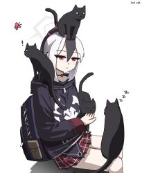 ! 1girl absurdres animal animal_on_head animal_on_lap animal_on_shoulder artist_name backpack bag black_choker black_hair black_hat black_hoodie blue_archive bug butterfly cat cat_on_head cat_on_lap cat_on_shoulder choker closed_mouth demon_girl demon_horns ear_piercing hat highres holding holding_bag hood hoodie horns insect kai_xin kayoko_(blue_archive) long_hair multicolored_hair on_head on_lap petting piercing plaid_clothes plaid_skirt red_skirt sidelocks skirt smile solo two-tone_hair white_hair zzz