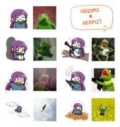 10s 1girl bowwow_(hamju94) chibi english_text flower flying green_eyes gun instrument kermit_the_frog long_hair love_live! love_live!_school_idol_project muppets open_mouth photo-referenced purple_hair smile speech_bubble tojo_nozomi twintails weapon