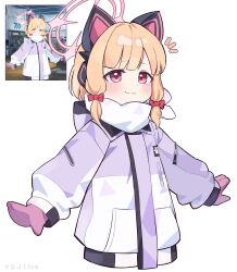 1girl :3 a-pose absurdres animal_ear_headphones animal_ears artist_name blonde_hair blue_archive blunt_bangs blush bow cat_ear_headphones cat_ears closed_mouth coat commentary cropped_torso derivative_work dot_nose fake_animal_ears film_grain furrowed_brow game_screenshot_inset hair_bow halo headphones highres hood hood_down hooded_coat long_sleeves looking_at_viewer low-tied_sidelocks medium_hair mittens momoi_(blue_archive) momoi_(winter)_(blue_archive) multicolored_coat multiple_hair_bows notice_lines official_alternate_costume open_hands parted_bangs pink_eyes pink_halo pink_mittens puffy_long_sleeves puffy_sleeves purple_coat red_bow scarf scarf_bow sidelocks simple_background smile smug solo split_mouth tareme upper_body white_background white_coat white_scarf winter_clothes winter_coat ysaster02 zipper zipper_pull_tab