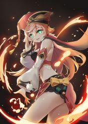 1girl :d absurdres antlers ass black_background commentary_request fire genshin_impact green_eyes hair_between_eyes hat highres horns leaning_forward long_hair long_sleeves looking_at_viewer midriff mxr open_mouth pink_hair scales short_shorts shorts sidelocks simple_background smile solo twisted_torso whispering yanfei_(genshin_impact)