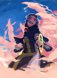 1boy 1girl blue_background blue_capelet capelet clenched_hands clenched_teeth cowboy_shot dress holding hood hood_up hooded_capelet hoop kesa kumoi_ichirin long_sleeves looking_at_viewer meimaru_inuchiyo teeth touhou unzan white_dress wide_sleeves
