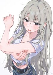 Rule 34 | 1girl, belt, black belt, black eyes, blue skirt, blush, collarbone, commentary, denim, denim skirt, english commentary, fingernails, from above, grey hair, hamafugu, highres, long fingernails, long hair, open mouth, original, shirt, short sleeves, simple background, skirt, solo, sweat, white background, white shirt