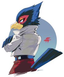 1boy absurdres belt bird_tail blue_eyes closed_mouth cropped_legs crossed_arms falco_lombardi furry furry_male highres jacket looking_ahead male_focus nintendo signature simple_background solo star_fox tail white_background white_jacket yasaikakiage