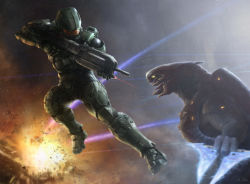 1boy alien armor bad_id bad_pixiv_id battle battle_rifle br85hb_sr bullpup energy_sword explosion fighting gun halo halo_(game) halo_(series) halo_4 helmet kkstor male_focus master_chief open_mouth power_armor power_suit rifle sangheili spartan spartan_(halo) sword weapon yellow_eyes