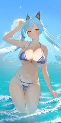 1girl absurdres arm_up bare_arms bikini blue_bikini blue_eyes blue_hair blue_sky breasts cleavage closed_mouth day goddess_of_victory:_nikke helm_(aqua_marine)_(nikke) helm_(nikke) highres holypotato0 incredibly_absurdres large_breasts long_hair looking_at_viewer navel outdoors sky solo swimsuit wading water