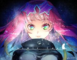 Rule 34 | 1girl, beatmania iidx, beatmania iidx 22 pendual, bemani, black jacket, eyelashes, green eyes, inpr, jacket, light particles, long hair, looking at viewer, mizushiro celica, parted lips, pink hair, solo, song name, star-shaped eyewear, star (symbol), twitter username, upper body, very long hair