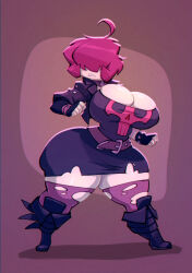 1girl ahoge belt bigdad bracelet breasts cleavage clenched_teeth collar covered_eyes curvy fingerless_gloves fold-over_boots gazlene_membrane gloves goth_fashion hair_over_eyes hand_up huge_breasts invader_zim jacket jewelry legs_apart narrow_waist pale_skin pink_hair purple_jacket purple_thighhighs sharp_teeth simple_background skull_print solo spiked_bracelet spikes standing teeth thick_thighs thighhighs thighs torn_clothes torn_thighhighs wide_hips