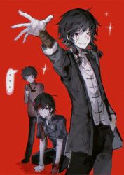 ... 3boys absurdres arm_up bandaged_arm bandages black_eyes black_hair black_jacket black_pants black_shoes blood blood_from_forehead blood_on_clothes blood_on_face chinese_commentary chromatic_aberration collared_shirt commentary_request facial_tattoo flower freckles fu_shun_(touqi_guaitan) gloves grin hair_flower hair_ornament hand_in_pocket highres jacket kneeling li_yuting_(male) long_sleeves male_focus mole mole_under_eye multiple_boys open_clothes open_jacket pants red_background red_flower red_gloves red_jacket shirt shoes short_hair short_hair_with_long_locks short_sleeves single_glove smile sparkle speech_bubble spoken_ellipsis sweat tattoo touqi_guaitan white_shirt xikeao-qiongsi ziche_fuzhao