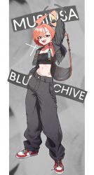 1girl ahoge armpits bag blue_archive casual collarbone crop_top cropped_jacket halo hand_in_pocket handbag highres jacket jjigong_chigon midriff mole mole_under_eye navel neru_(blue_archive) open_mouth orange_hair pants red_eyes shoes short_hair sneakers solo