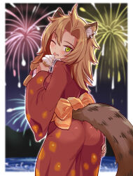 Rule 34 | 1girl, alternate costume, animal ears, ass, blush, breasts, brown hair, cougar (cougar1404), fireworks, food, from behind, green eyes, ice cream, japanese clothes, kimono, long hair, looking at viewer, medium breasts, original, pantylines, sideboob, solo, tail, yukata
