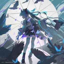 1girl aqua_hair artist_name bird black_shoes black_skirt blue_thighhighs blurry bug butterfly closed_eyes closed_mouth collared_shirt commentary_request depth_of_field frown full_body grey_shirt happopitoisuus hatsune_miku highres holding holding_microphone_stand insect long_hair microphone_stand pixiv_logo pleated_skirt profile shirt shoes skirt standing thighhighs twintails very_long_hair vocaloid