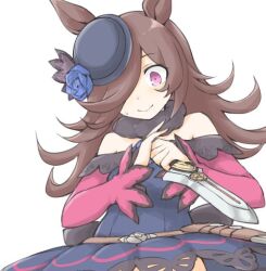 1girl akara_kai animal_ears bare_shoulders black_hat blue_dress blue_flower blue_rose brown_hair detached_collar dress flower hair_over_one_eye hat holding holding_sword holding_weapon horse_ears horse_girl mini_hat purple_eyes rice_shower_(umamusume) rose simple_background solo sweat swept_bangs sword umamusume weapon white_background