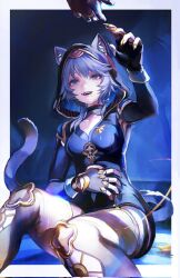 Rule 34 | 2girls, aglaea (honkai: star rail), animal ear fluff, animal ears, animal hood, black gloves, black leotard, blue eyes, boots, border, breasts, cat ears, cat girl, cat hood, cat tail, cipher (honkai: star rail), commentary, english commentary, female pov, fingerless gloves, gloves, gold blood, gold boots, grey hair, highres, honkai: star rail, honkai (series), hood, leotard, medium breasts, multiple girls, nail polish, open mouth, pov, pov hands, reaching, reaching towards viewer, short hair with long locks, smile, tail, thigh boots, thighs, thijikoy, thread, white border, yellow nails