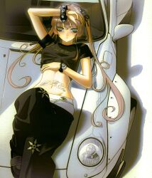 1girl absurdres black_pants black_shirt blue_eyes breasts brown_hair car closed_mouth highres looking_at_viewer lying motor_vehicle navel on_car original pants shirt solo tattoo twintails vinne