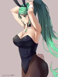 1girl alternate_costume animal_ear_hairband animal_ears bare_shoulders black_bow black_bowtie black_hairband black_leotard bow bowtie breasts brown_background brown_pantyhose chest_jewel cleavage commentary_request core_crystal_(xenoblade) cowboy_shot dated detached_collar fake_animal_ears fake_tail green_eyes green_hair hairband highres large_breasts leotard long_hair pantyhose playboy_bunny pneuma_(xenoblade) ponytail rabbit_ear_hairband rabbit_ears rabbit_tail simple_background solo strapless strapless_leotard swept_bangs tail tying_hair very_long_hair white_wrist_cuffs wrist_cuffs xenoblade_chronicles_(series) xenoblade_chronicles_2 yamamori_kinako