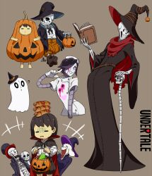 +++ 1girl 1other 3boys =_= ? absurdres alternate_costume androgynous balancing_on_head barefoot basket belt black_cloak black_hair black_headwear black_jacket black_robe black_sclera black_shorts bone book brown_background brown_footwear brown_hair bullet_hole cane cape cel_shading center_frills child cloak closed_eyes closed_mouth collared_cloak collared_shirt colored_sclera commentary copyright_name cropped_torso dot_mouth english_commentary fake_blood food food_on_head frills frisk_(undertale) full_body ghost gloves grin hair_over_one_eye halloween_bucket halloween_costume hand_in_pocket hat highres holding holding_basket holding_book hot_dog index_finger_raised jacket kamezaemon laughing mettaton multiple_boys multiple_views napstablook neck_ribbon object_on_head one_eye_covered open_clothes open_jacket open_mouth orange_shorts papyrus_(undertale) pink_eyes puffy_shorts pumpkin_costume red_cape ribbon robe robot sans_(undertale) shirt shirt_tucked_in shoes short_hair shorts simple_background skeleton skull smile standing stylized_blood sweat swept_bangs top_hat toriel torn_cape torn_clothes trembling two-sided_fabric undertale walking white_gloves white_shirt wide_sleeves witch_hat