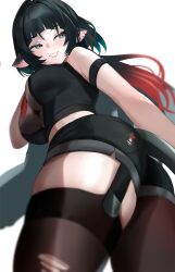 animal_ears ass black_hair black_pantyhose black_shorts black_thighhighs blurry breasts commentary crop_top depth_of_field from_below gradient_hair green_eyes hair_intakes highres huge_ass jane_doe_(zenless_zone_zero) large_breasts mouse_ears mouse_girl mouse_tail multicolored_hair pantyhose red_hair redi_(rasec_asdjh) short_shorts shorts single_leg_pantyhose single_thighhigh smile tail thick_thighs thighhighs thighs torn_clothes torn_shorts torn_thighhighs zenless_zone_zero