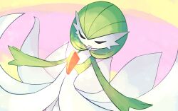 Rule 34 | bob cut, closed eyes, colored skin, dress, gardevoir, gen 3 pokemon, glowing, green hair, green skin, multicolored skin, nintendo, oemmtoru, outstretched arms, pokemon, pokemon (creature), smile, two-tone background, two-tone skin, white dress, white skin
