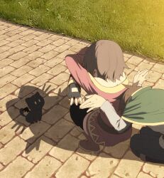 1boy 1girl black_gloves black_thighhighs brick_road brown_hair cape cat cat_shadow_puppet chomusuke dress gloves grass green_cape highres izawa_(bhive003) kono_subarashii_sekai_ni_shukufuku_wo! long_sleeves megumin outdoors red_dress road satou_kazuma squatting thighhighs tunic white_tunic