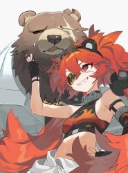 1boy 1girl absurdres animal_ears bear_boy bear_ears ben_bigger black_tank_top brown_fur closed_eyes clothes_around_waist eyepatch fake_animal_ears fat fat_man grin hashtag-only_commentary highres jacket jacket_around_waist koleda_belobog looking_at_another loss_kim midriff one_eye_closed one_eye_covered open_mouth red_hair scar scar_across_eye scar_on_face smile sweatdrop tank_top white_background white_jacket zenless_zone_zero