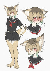 1girl :&lt; absurdres animal_ear_fluff animal_ears barefoot blush body_fur brown_fur brown_hair claws coldsyrup ears_down fang furry furry_female gradient_hair hand_on_own_hip highres multicolored_hair original pleated_skirt pout red_eyes ribbon sailor school_uniform skirt solo speech_bubble tail translated