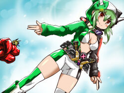 1girl 2boys belt blush breasts chimairamon digimon double_driver female_focus gaia_memory green_hair kamen_rider kamen_rider_double kamen_rider_double_(cyclonejokerxtreme) kamen_rider_w magnamon multiple_boys n36hoko restrained rider-tan rider_belt shinomiya_rina smile solo_focus tokusatsu wide_hips