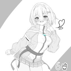 1girl breasts hair_ornament hairband heaven_burns_red highres long_sleeves looking_at_viewer medium_breasts monochrome ooshima_muua oyakodon451 partially_colored short_hair skirt solo sportswear